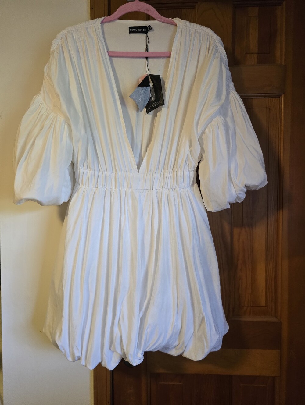 Pretty Little Thing White Deep V Bubble Hem Dress NWT